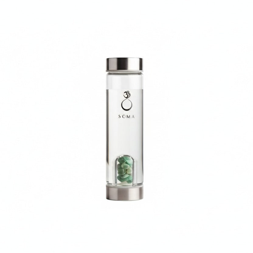 Green Aventurine Crystal water bottle with silver cap on a white background
