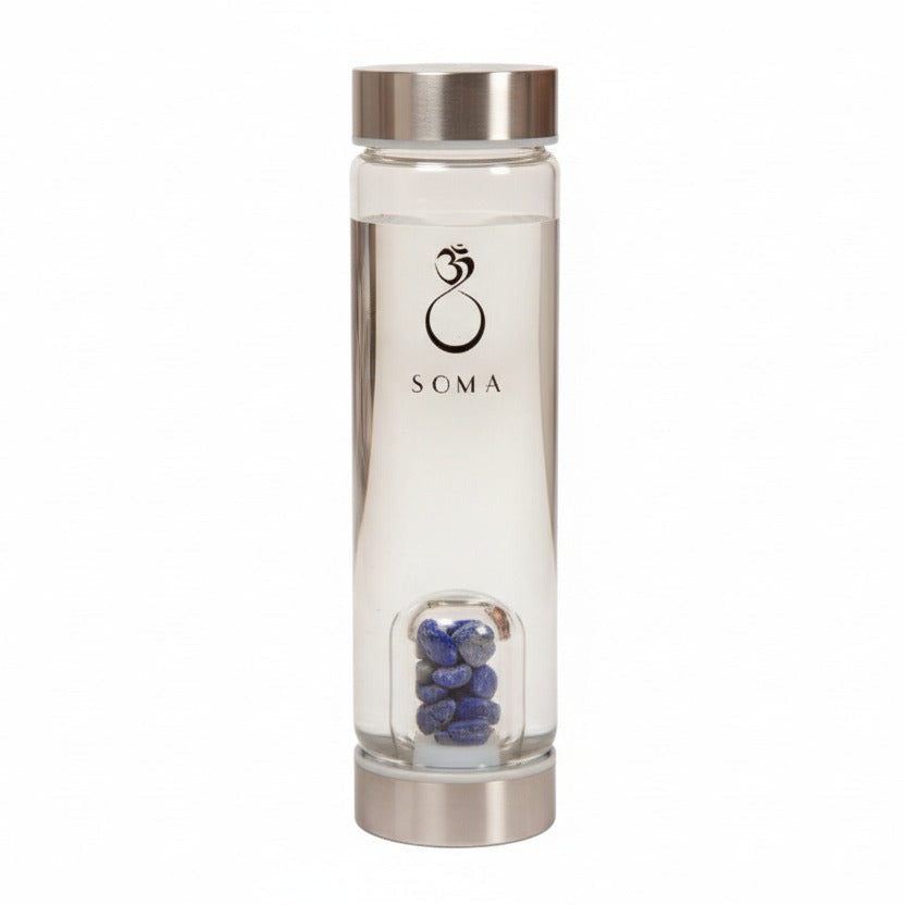 Lapis Lazuli crystal pod bottle with silver cap and SOMA branding on a white background