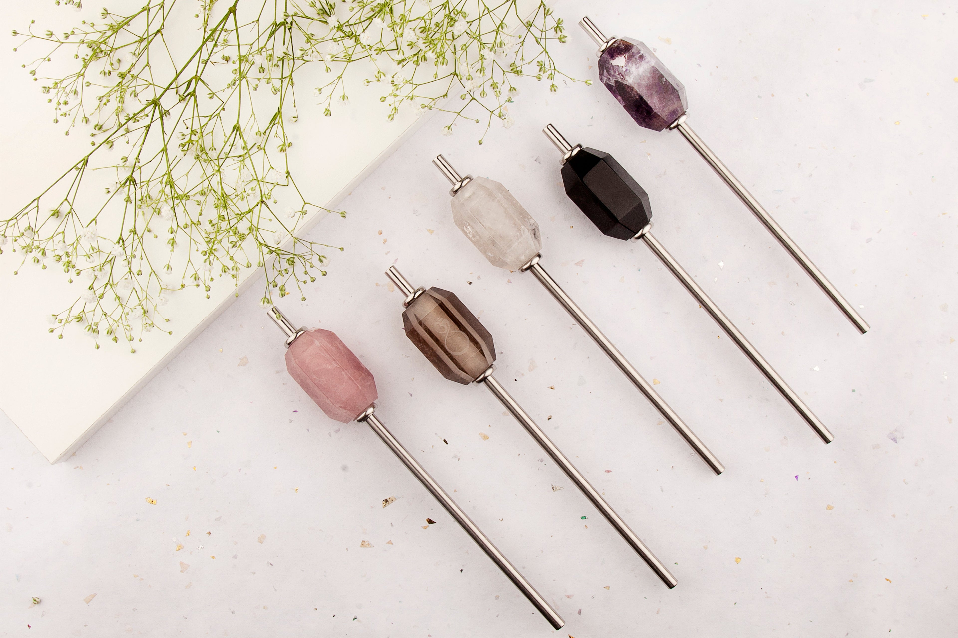 Set of 5 crystal embellished stainless steel straws