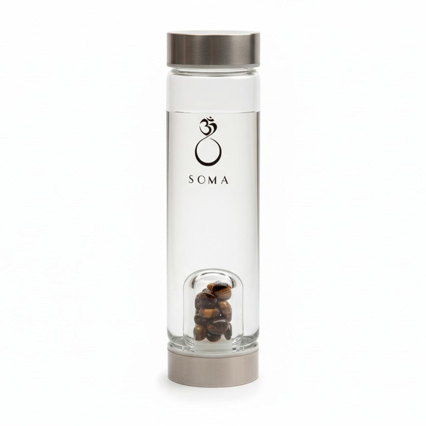 Tigers eye crystal glass bottle with SS cap and 'Soma' branding on a white background